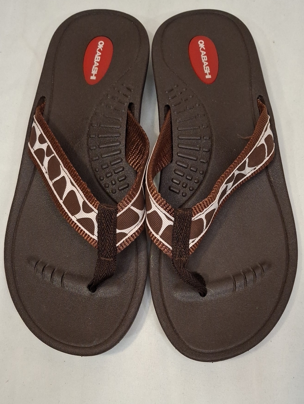 Okabashi Women's Brown Flip Flops with White Patterned Fabric Straps